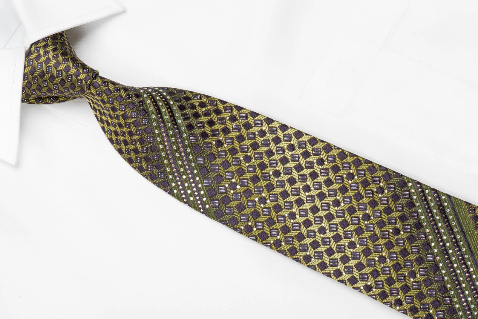 Guy Laroche Men's Crystal Silk Green Brown Geometric With Silver Sparkles - Image 3