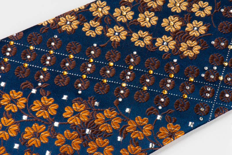 Guy Laroche Men's Rhinestone Silk Necktie Orange Yellow Floral On Brown With Silver Sparkles - Image 2