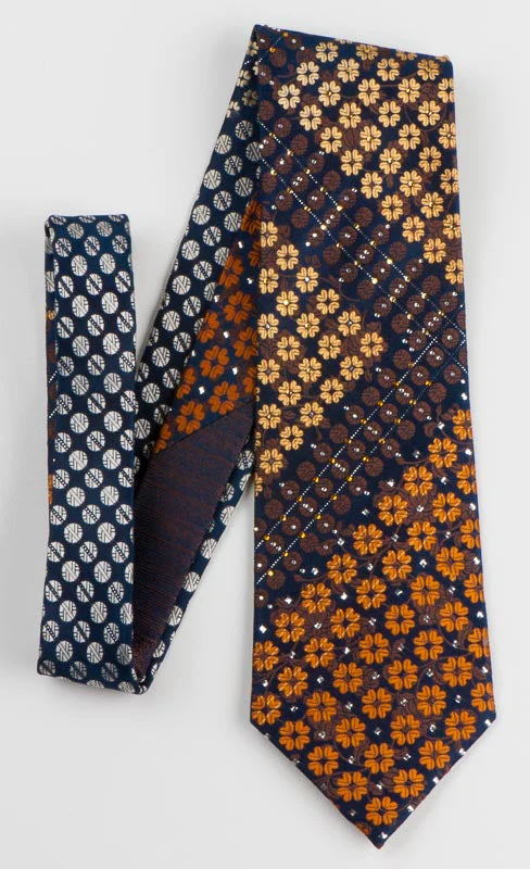 Guy Laroche Men's Rhinestone Silk Necktie Orange Yellow Floral On Brown With Silver Sparkles - Image 5