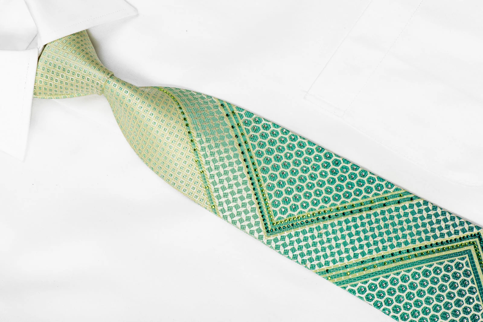 Guy Laroche Mes Crystal Silk Necktie Geometric On Green With Silver Sparkles - Image 2