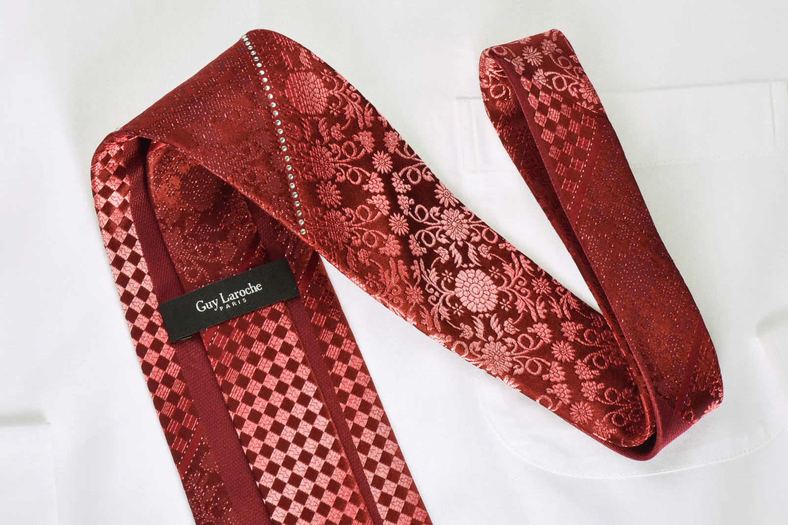 Guy Laroche Rhinestone Silk Necktie Floral Checker On Burgundy With Red Sparkles - Image 4