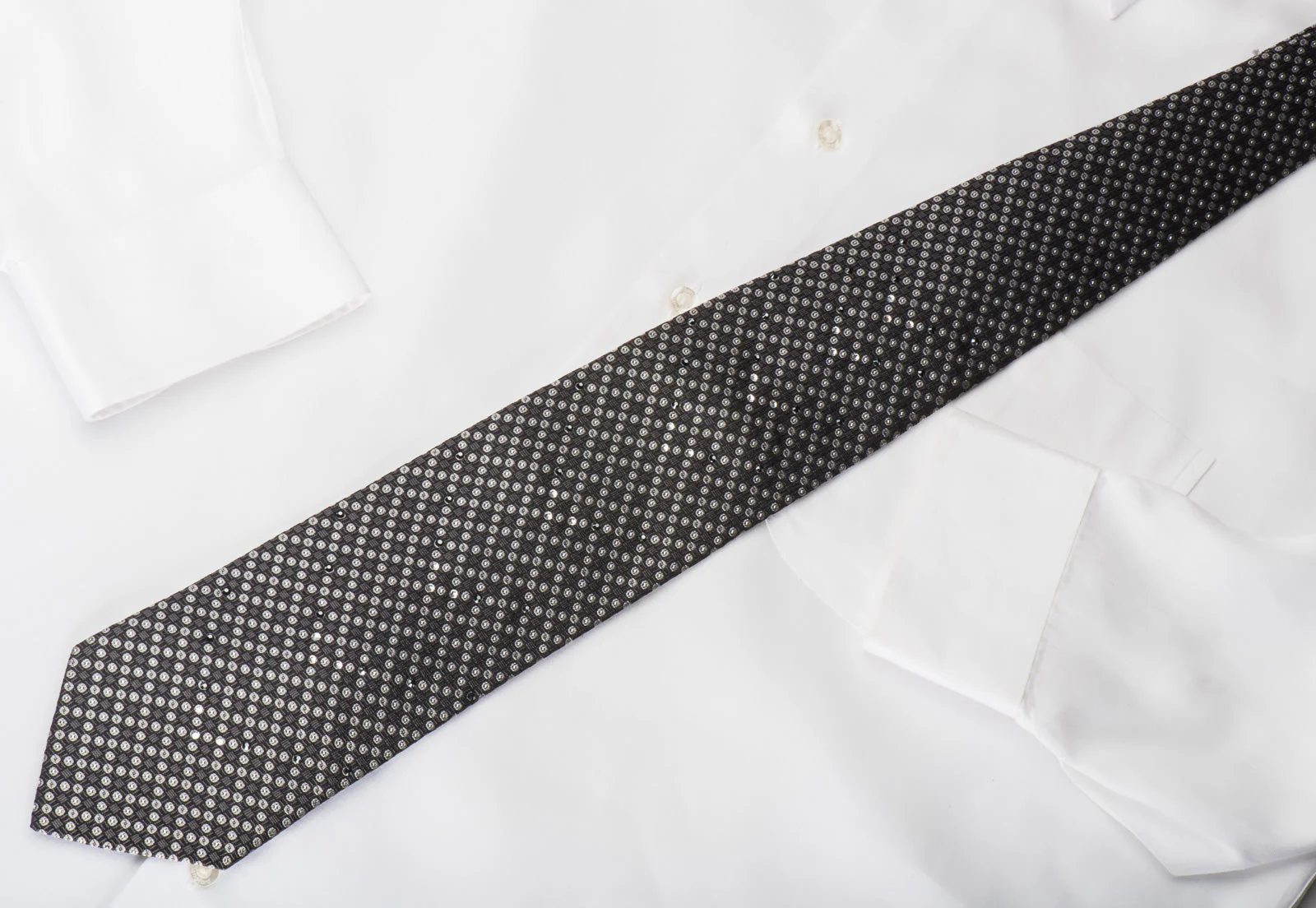 Guy Laroche Rhinestone Silk Necktie Silver Dots On Black With Silver Sparkles - Image 5
