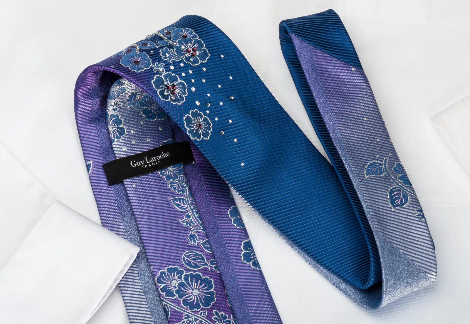 Guy Laroche Rhinestone Silk Necktie Silver Floral On Purple With Silver Sparkles - Image 4