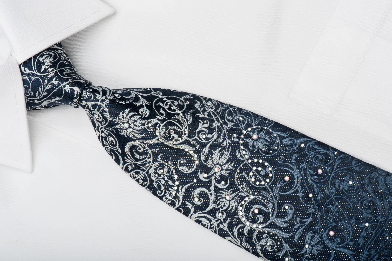 Guy Laroche Rhinestone Silk Necktie Silver Vines On Blue With Sparkles - Image 3