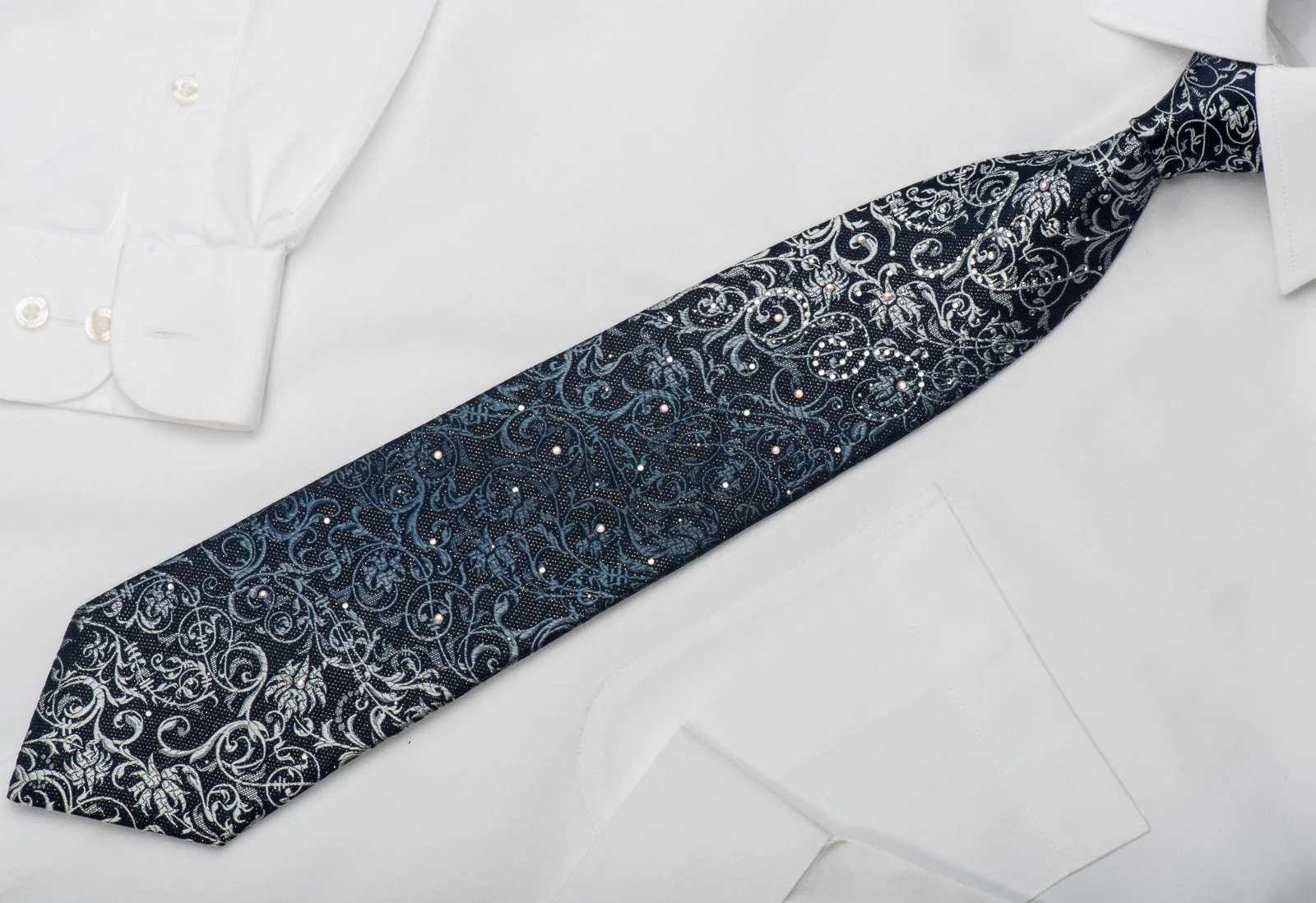 Guy Laroche Rhinestone Silk Necktie Silver Vines On Blue With Sparkles - Image 5