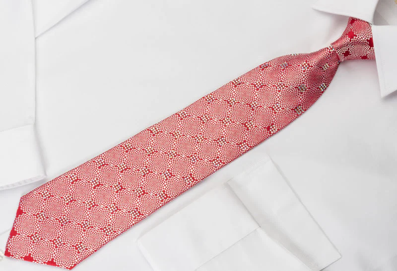 Guy Laroche Rhinestone Tie Silver Geometric On Woven Red Silk - Image 2