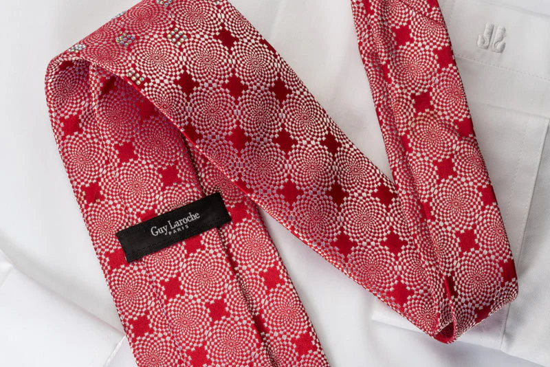 Guy Laroche Rhinestone Tie Silver Geometric On Woven Red Silk - Image 3