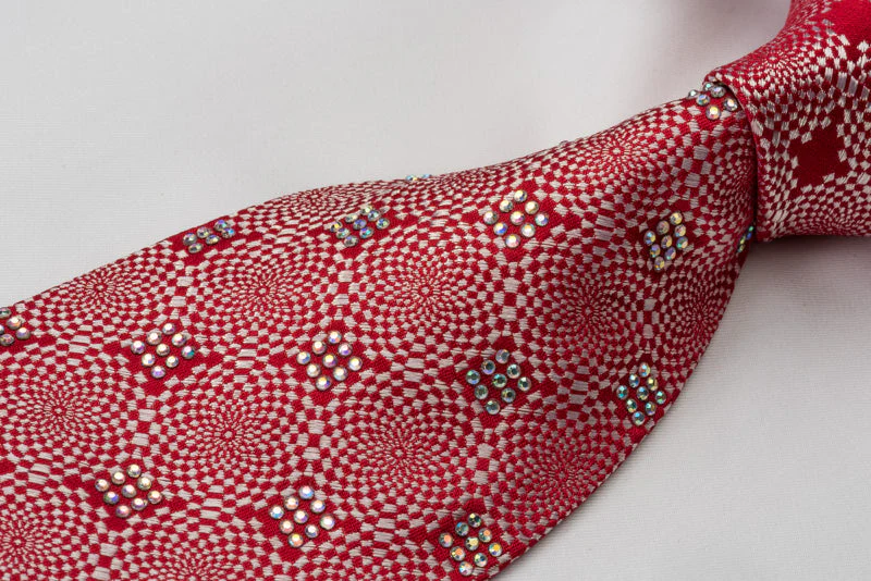 Guy Laroche Rhinestone Tie Silver Geometric On Woven Red Silk - Image 4