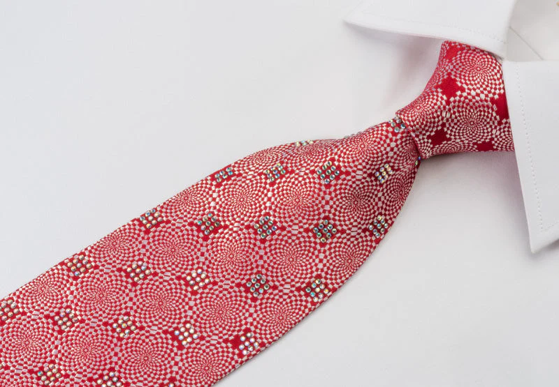 Guy Laroche Rhinestone Tie Silver Geometric On Woven Red Silk - Image 5