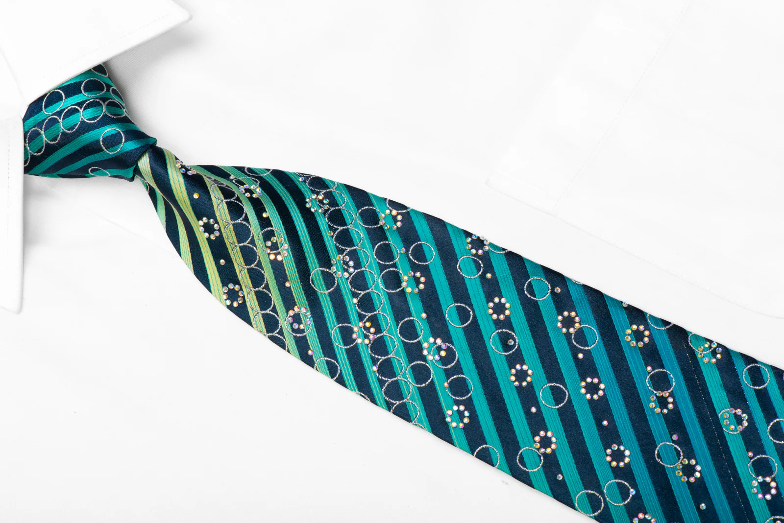Guy Laroche Silk Necktie Teal Stripes On Navy With Rhinestones - Image 2