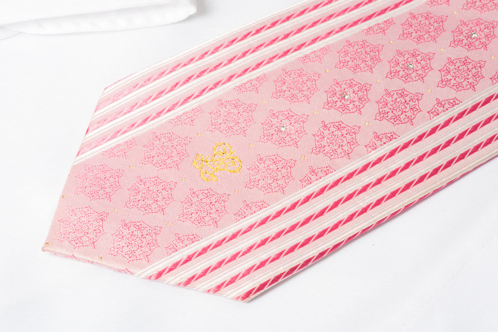 Guy Laroche Silk Rhinestone Necktie Cartouche Stripes On Pink With Silver Sparkles - Image 2