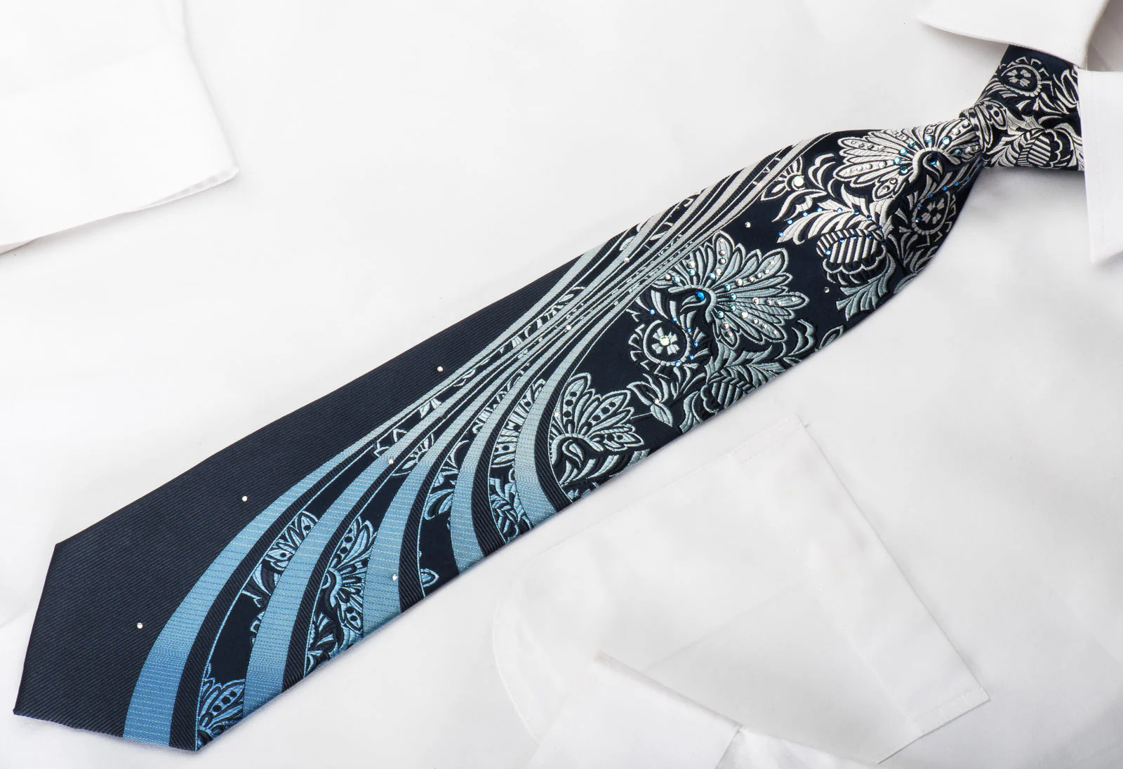 Guy Laroche Silk Tie Silver Anthemion On Blue Sparkling With Rhinestones - Image 2