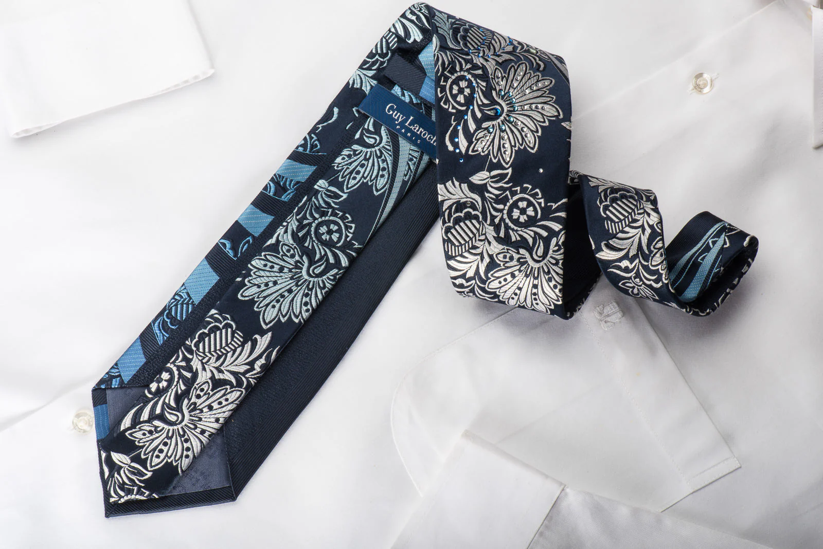 Guy Laroche Silk Tie Silver Anthemion On Blue Sparkling With Rhinestones - Image 4