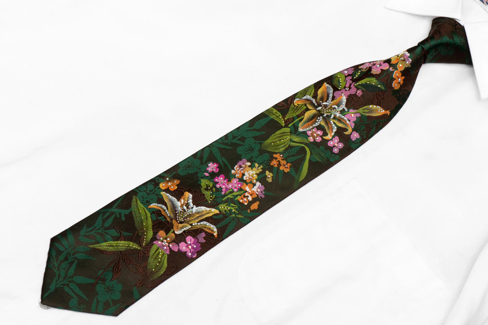 Hand Painted & Woven Mens Floral Rhinestone Silk Tie - Image 2