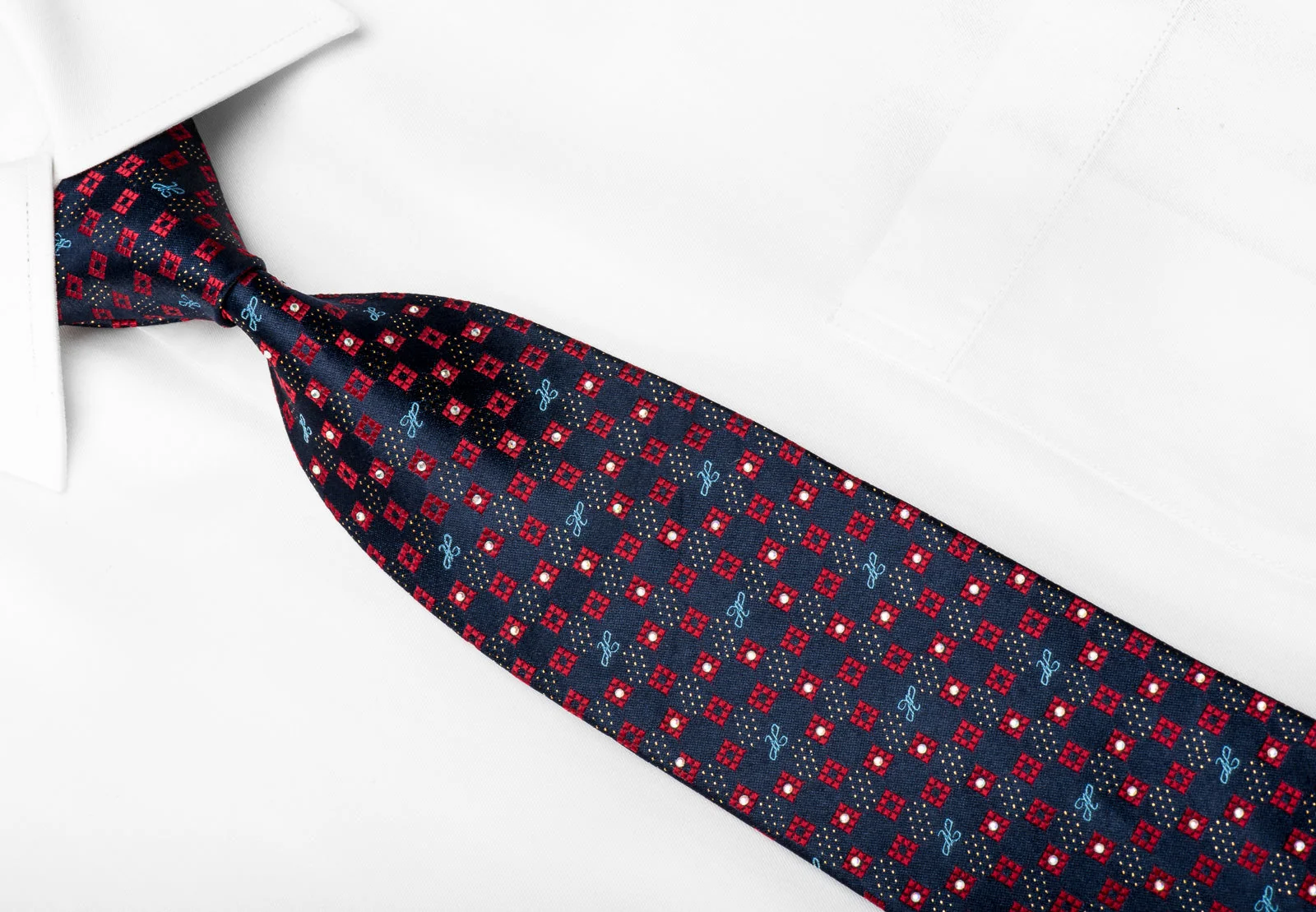 Harris Tone Men's Crystal Rhinestone Silk Necktie Red Micro Squares On Blue With Sparkles - Image 3