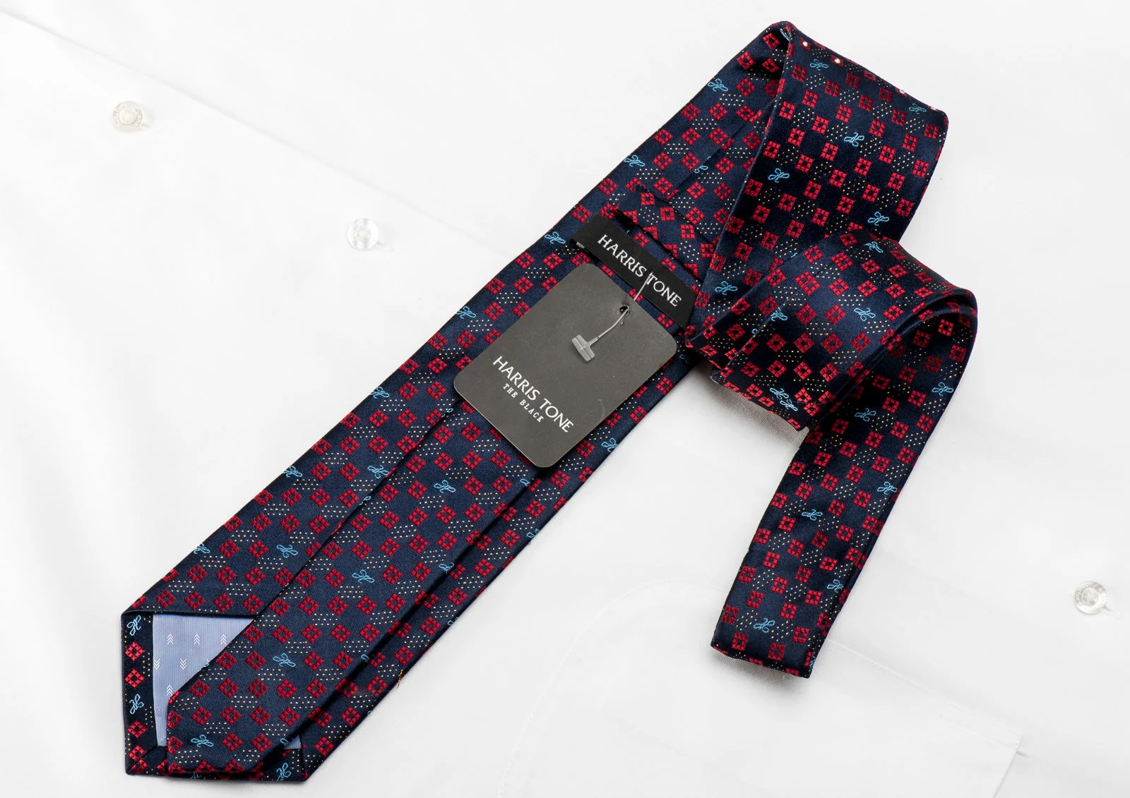 Harris Tone Men's Crystal Rhinestone Silk Necktie Red Micro Squares On Blue With Sparkles - Image 4
