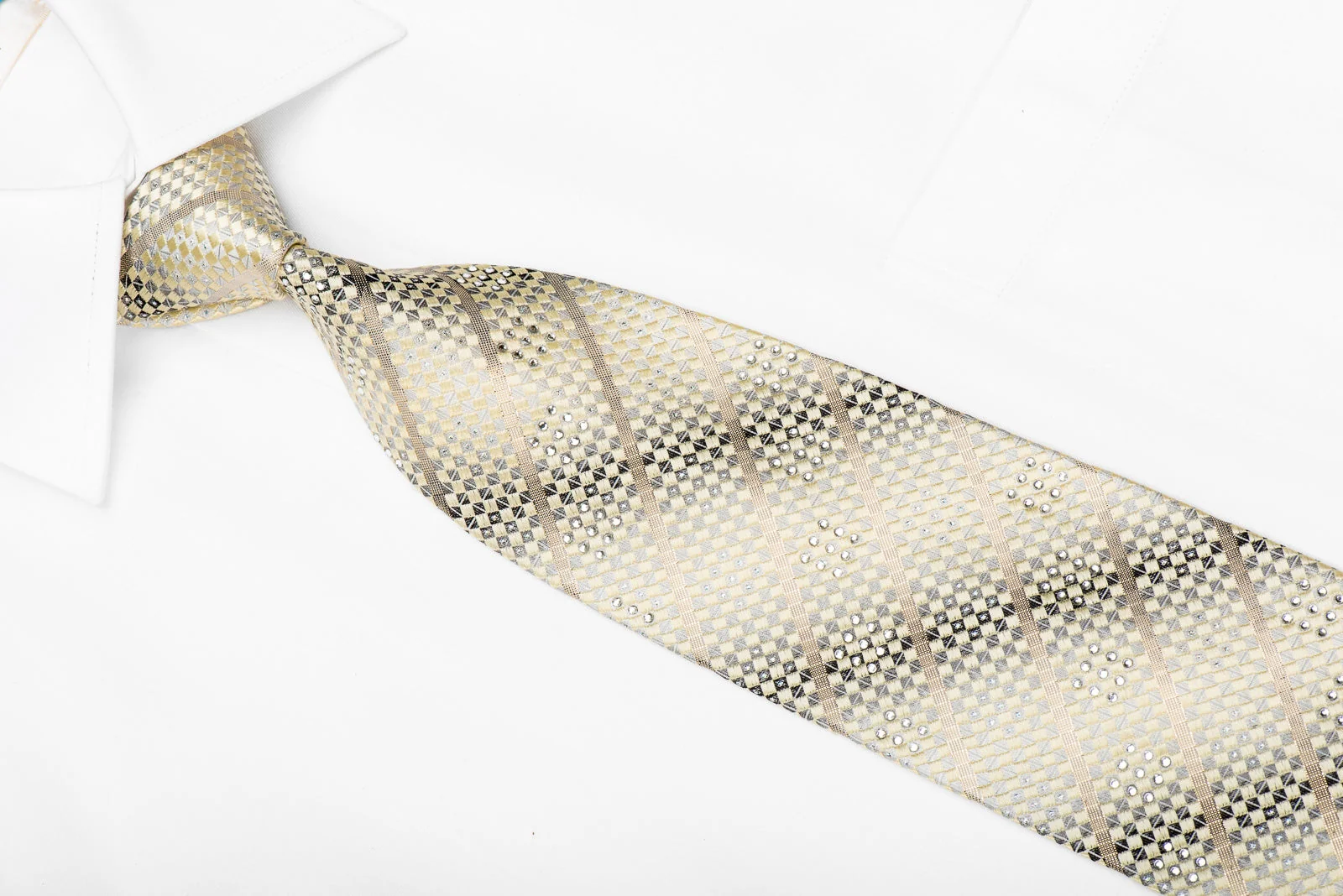 Herbon Men's Crystal Silk Tie Gold Metallic Stripes On Silver Cream Checker - Image 2