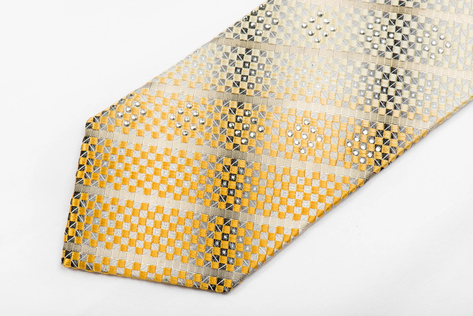Herbon Men's Crystal Silk Tie Gold Metallic Stripes On Silver Cream Checker - Image 3