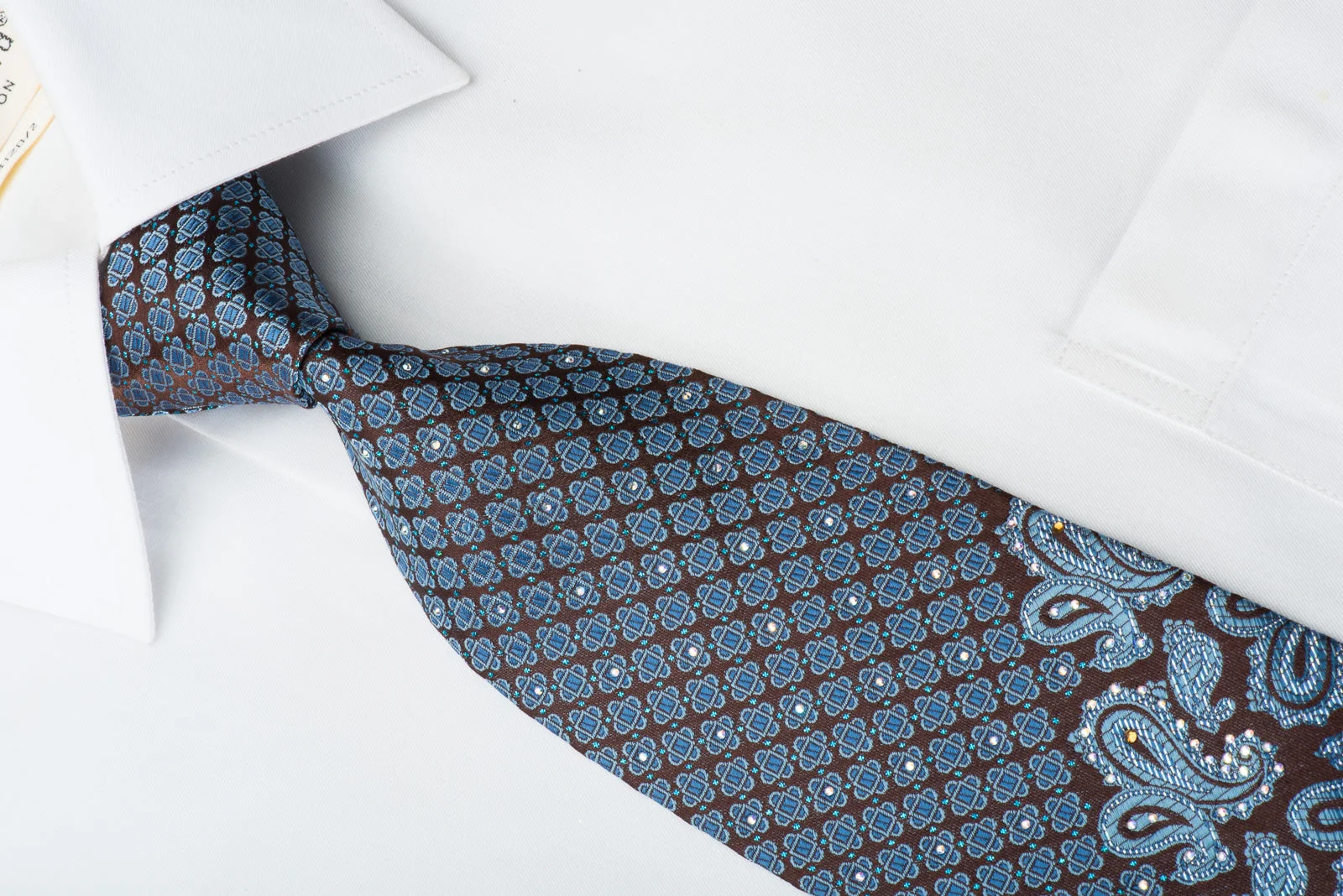 Herrbon Rhinestone Silk Necktie Blue Paisley On Brown With Silver Sparkles - Image 2
