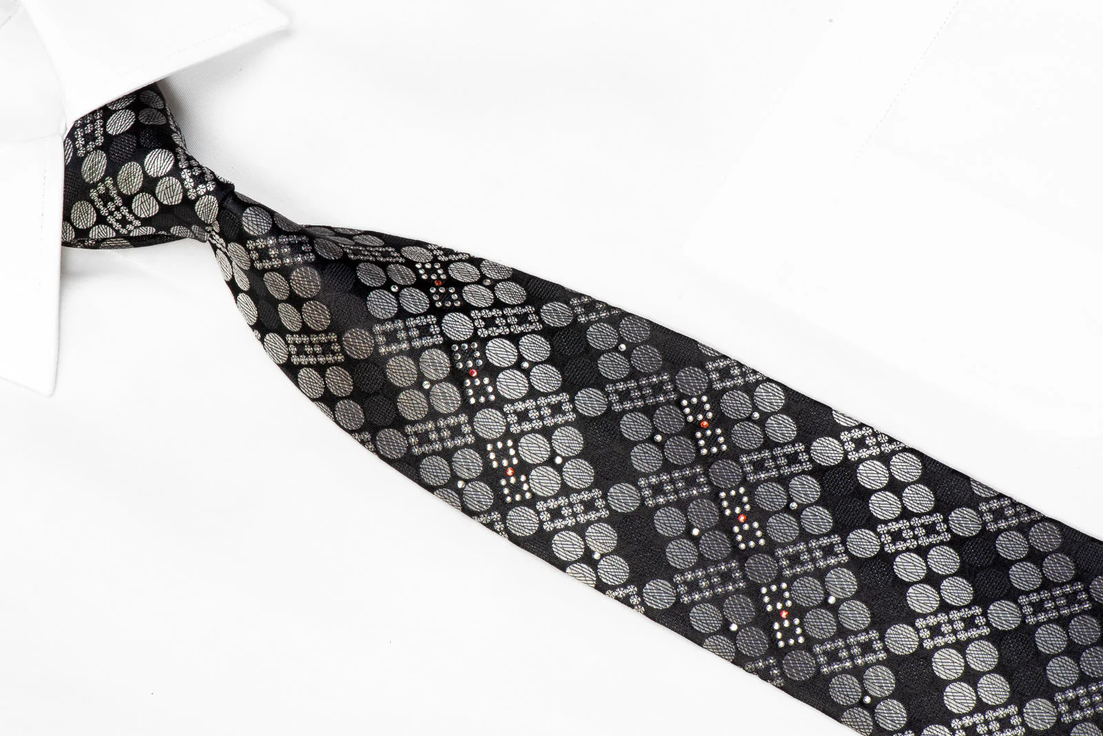 Huem Men's Black Silk Necktie Silver Geometric Circles On Black With Silver Sparkles - Image 2