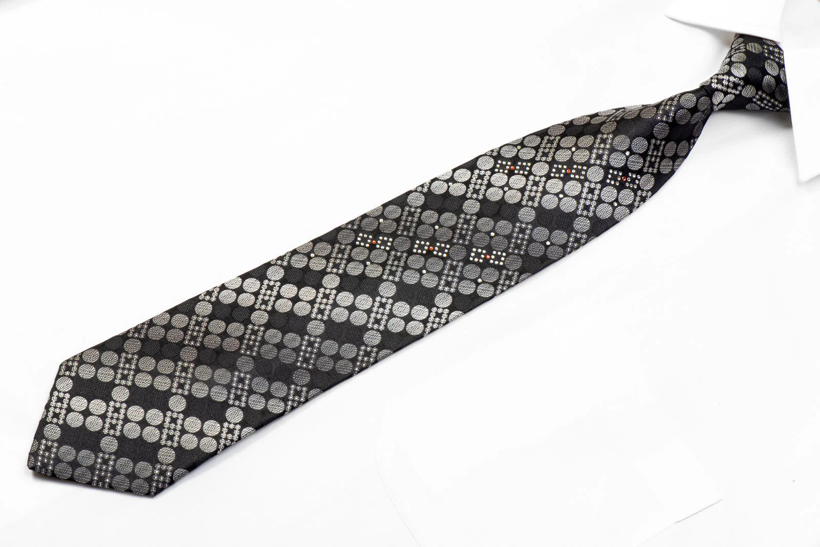 Huem Men's Black Silk Necktie Silver Geometric Circles On Black With Silver Sparkles - Image 3