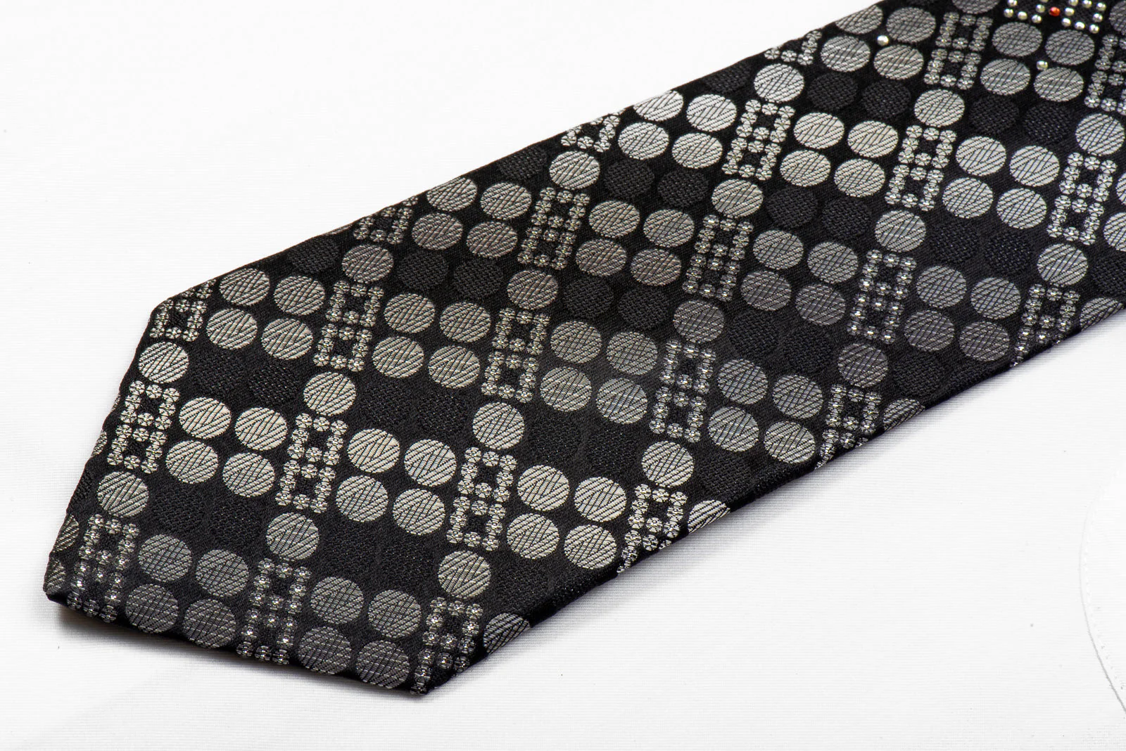 Huem Men's Black Silk Necktie Silver Geometric Circles On Black With Silver Sparkles - Image 4