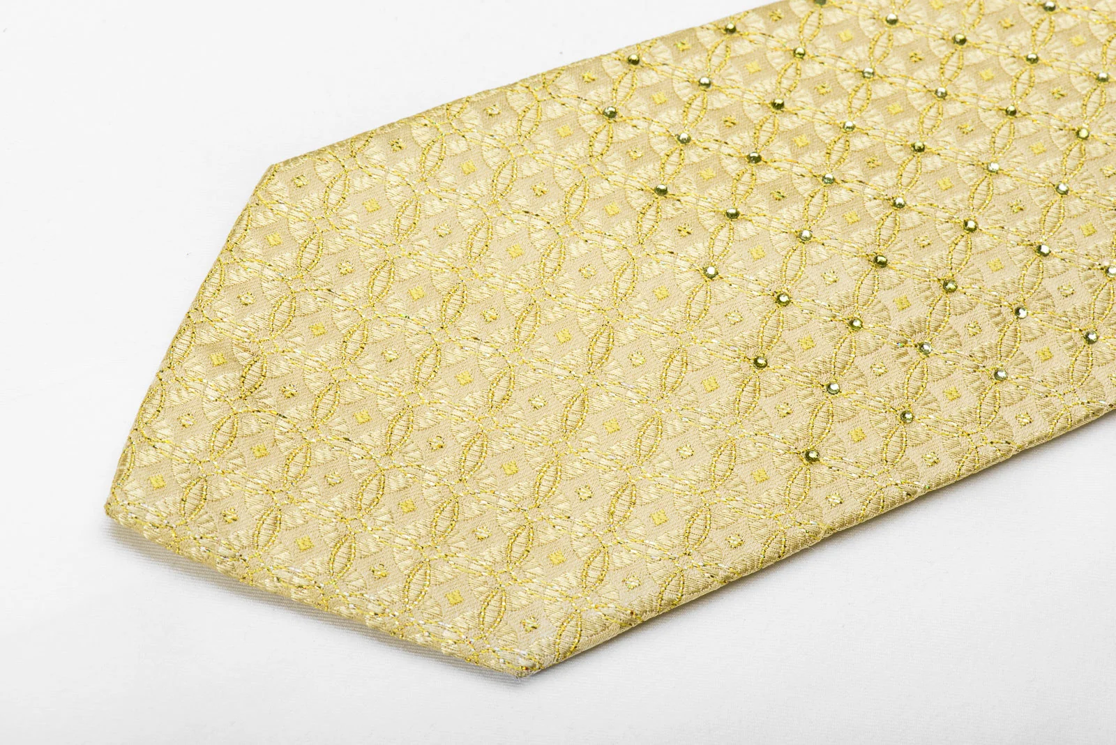 Huey Men's Crystal Silk Tie Geometric Medallions On Golden With Gold Sparkles - Image 3