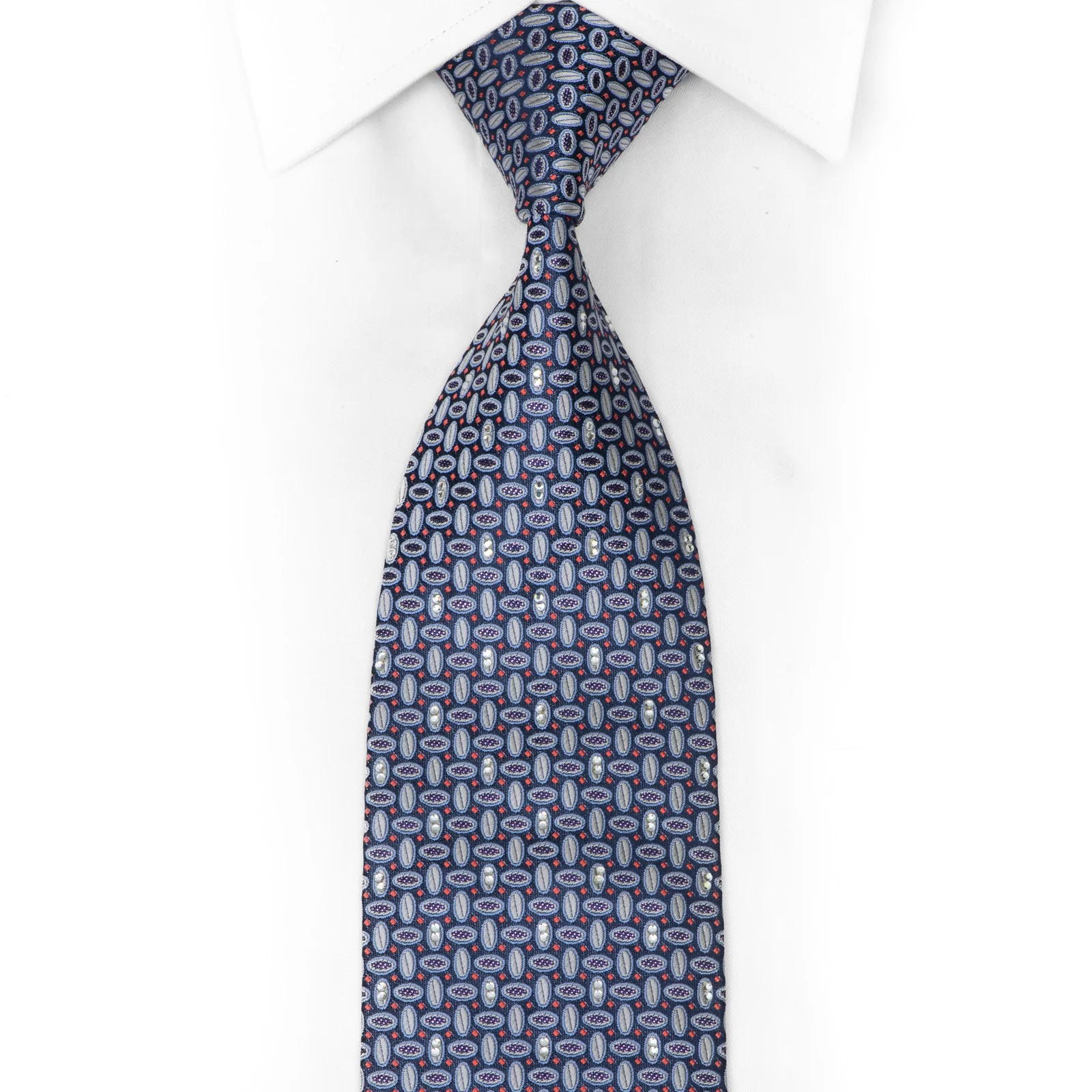 Silver Geometric On Blue Rhinestone Silk Necktie With Purple Sparkles