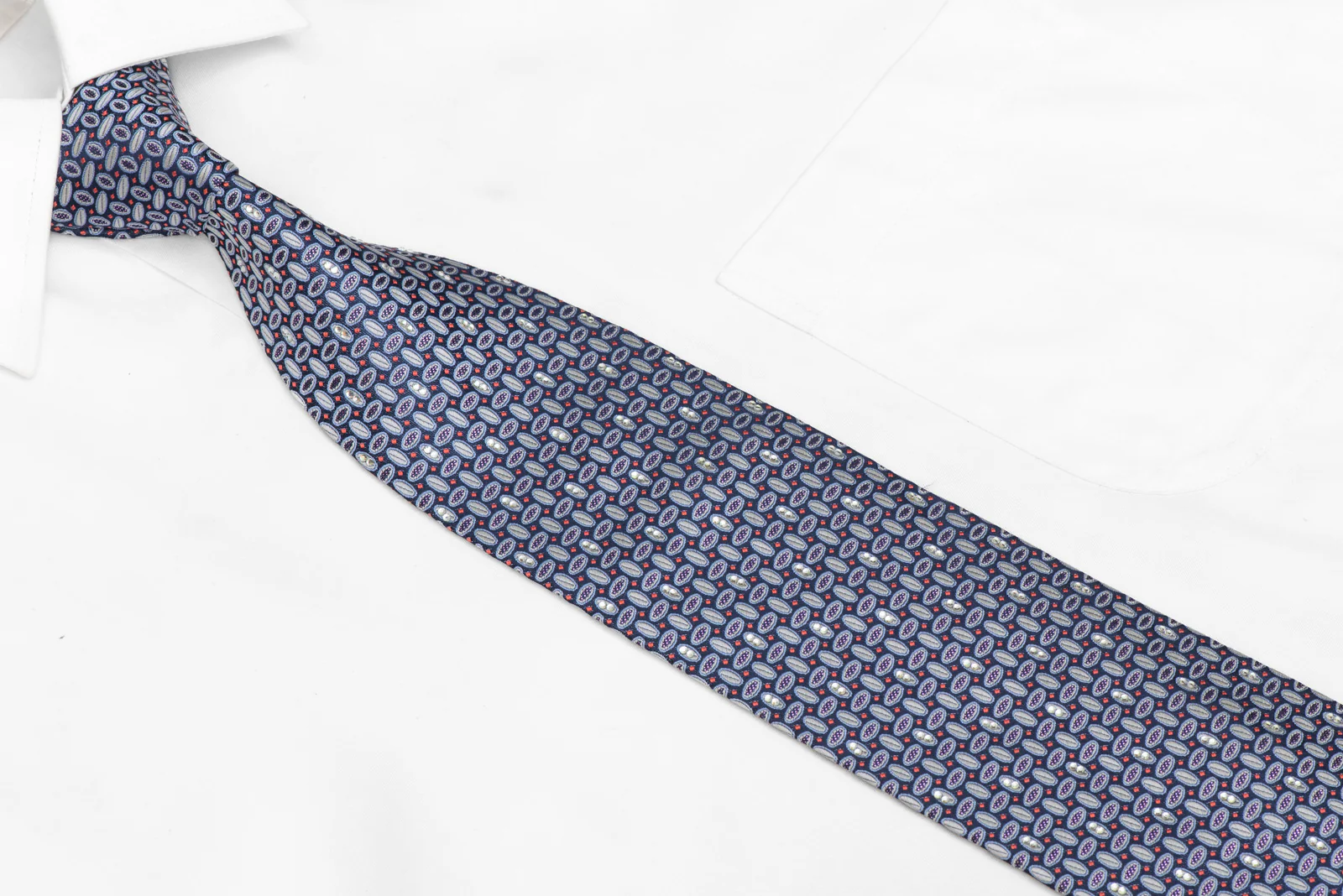 Silver Geometric On Blue Rhinestone Silk Necktie With Purple Sparkles - Image 2