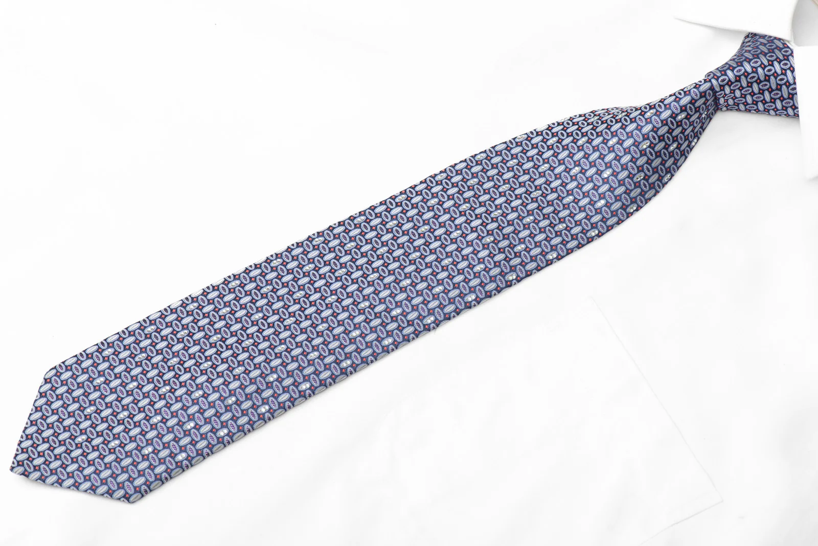 Silver Geometric On Blue Rhinestone Silk Necktie With Purple Sparkles - Image 3