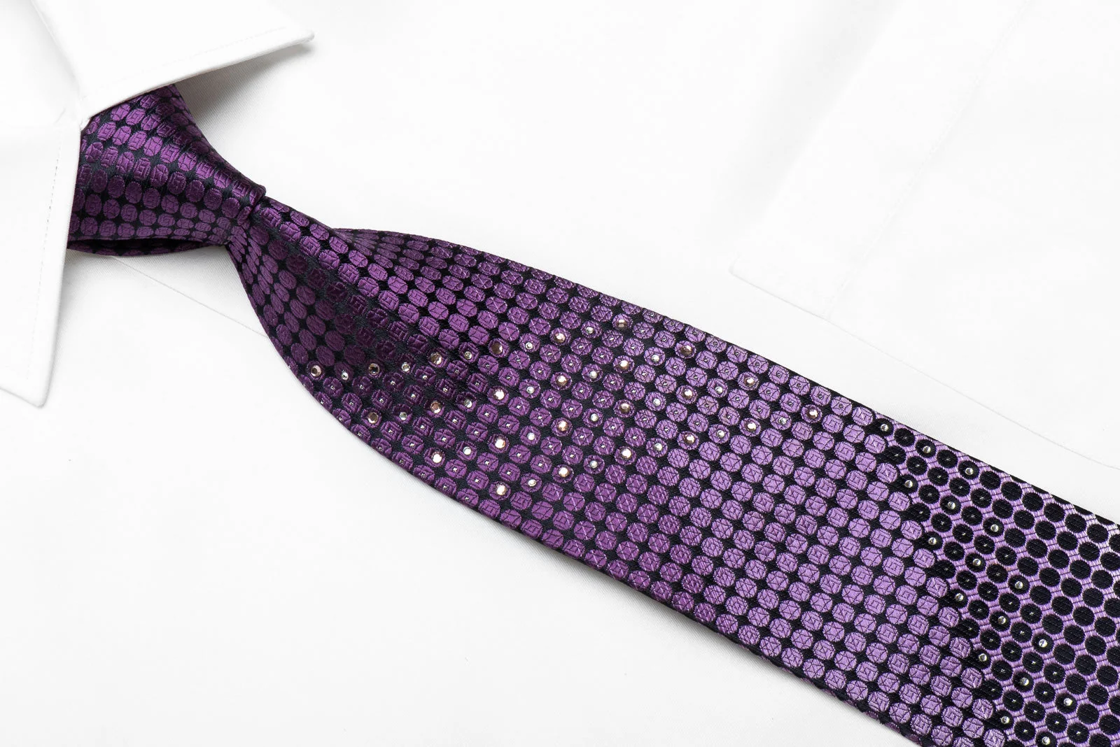 Indian Homme Men's Crystal Rhinestone Silk Necktie Purple Dots On Black With Sparkles - Image 3