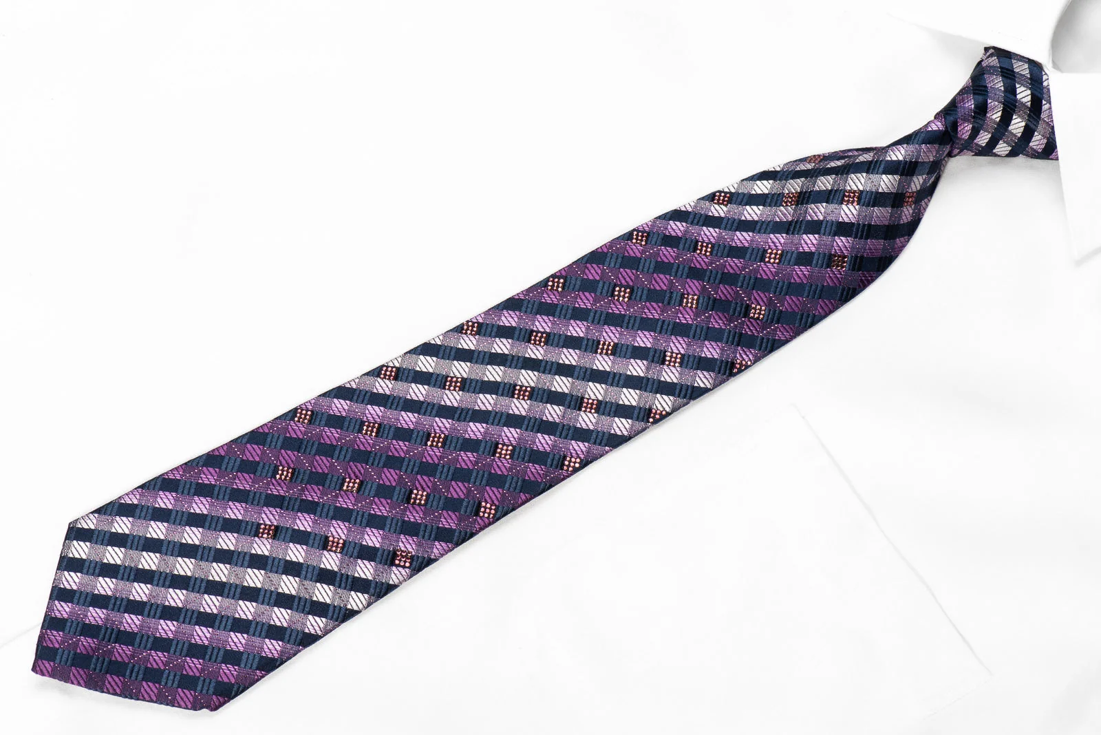 Indian Homme Men's Crystal Rhinestone Silk Necktie Purple Navy Checkered With Sparkles - Image 3