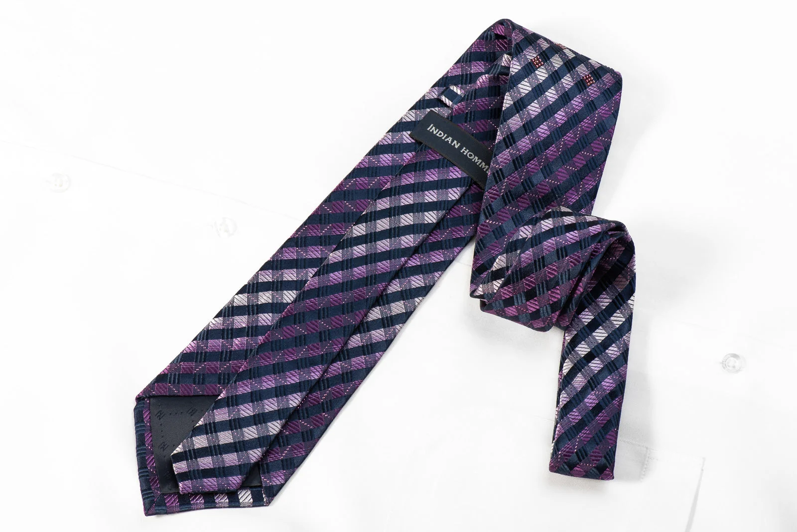 Indian Homme Men's Crystal Rhinestone Silk Necktie Purple Navy Checkered With Sparkles - Image 4