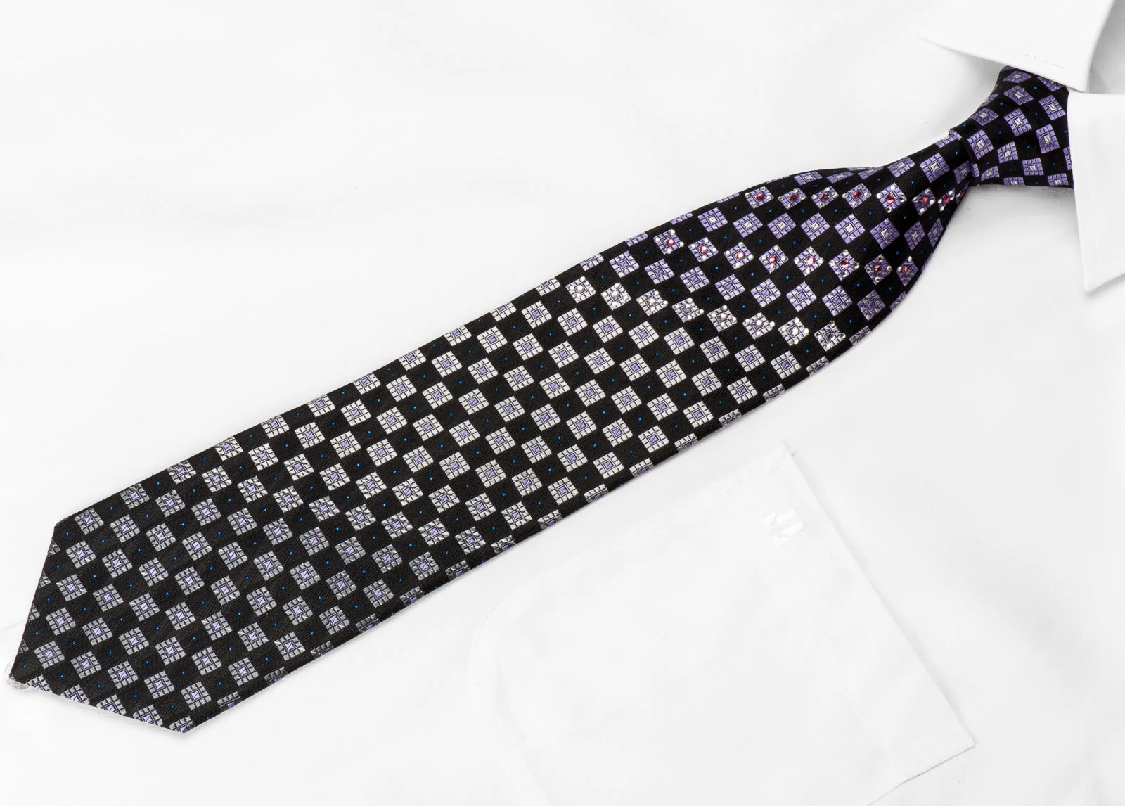 Indian Homme Men's Crystal Rhinestone Silk Necktie Silver Purple Checkered On Black With Sparkles - Image 3