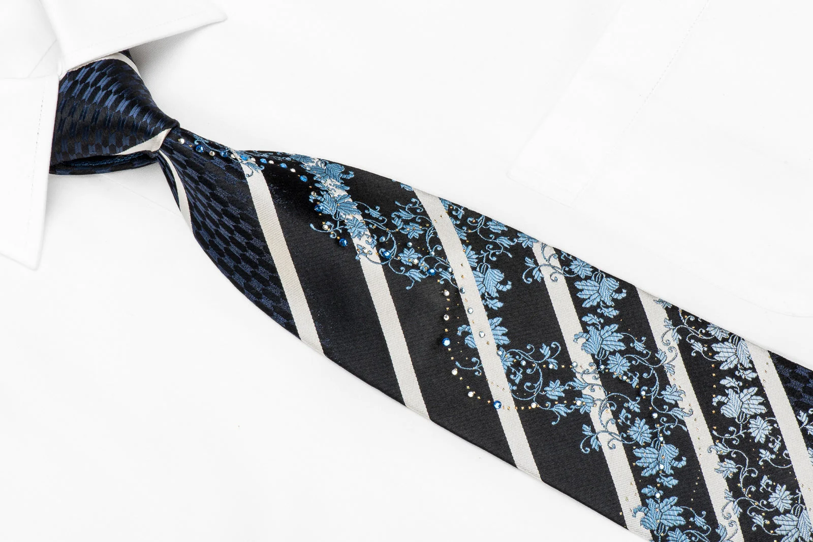 Indian Homme Men's Crystal Silk Tie Silver Striped Floral On Navy With Sparkles - Image 3