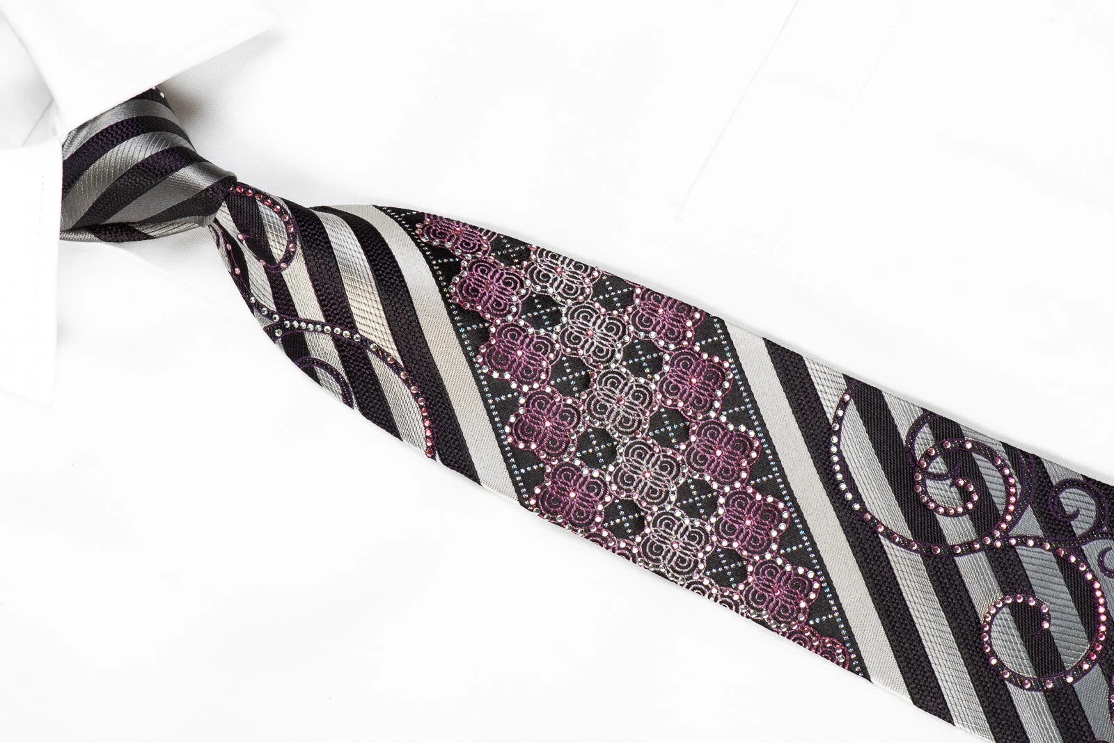 Indian Homme Men's Crystal Silk Tie Silver Striped Scrolls On Black With Sparkles - Image 4
