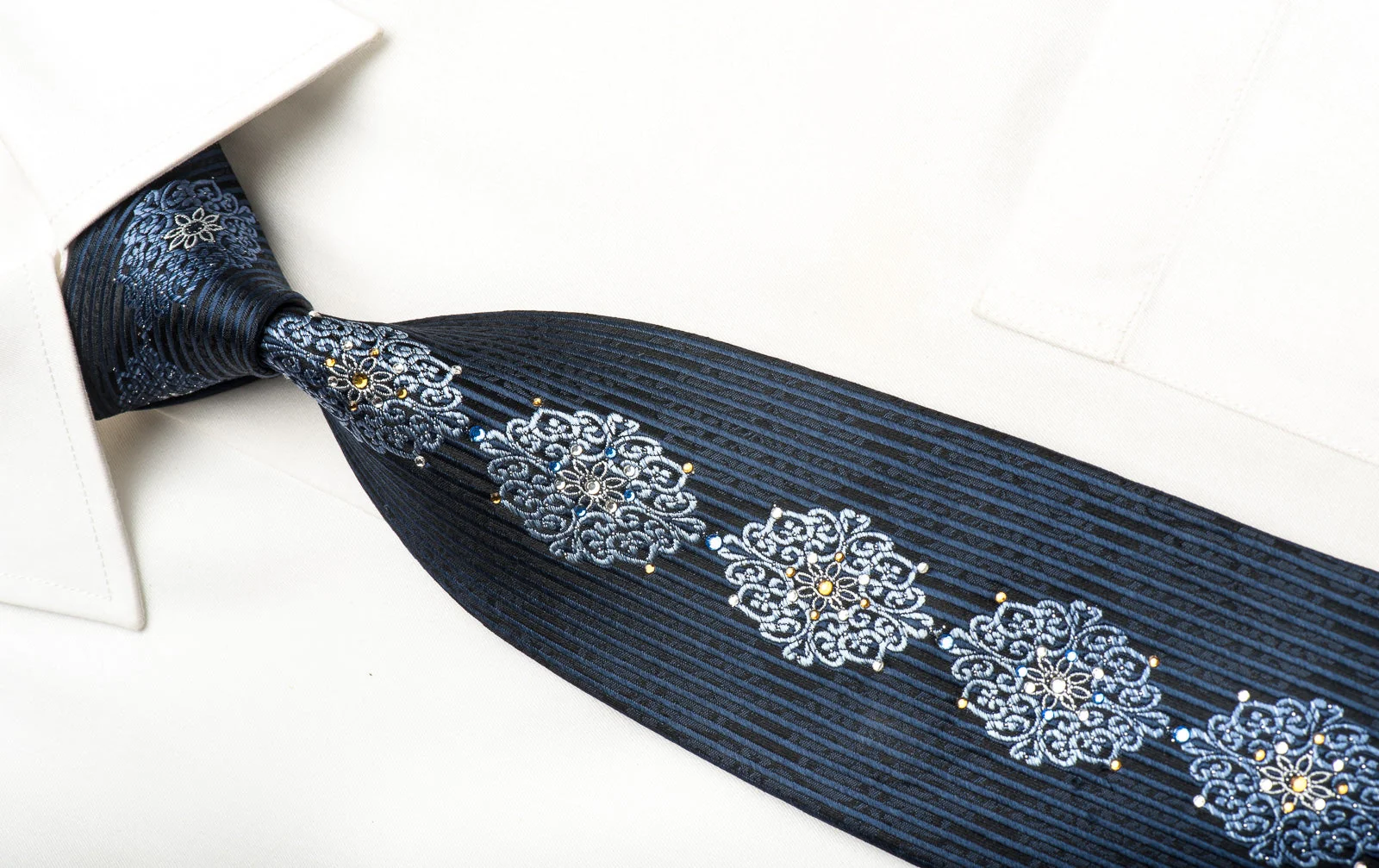 Indian Homme Men's Silk Necktie Blue Cartouche & Striped On Black Sparkling With Rhinestones - Image 2