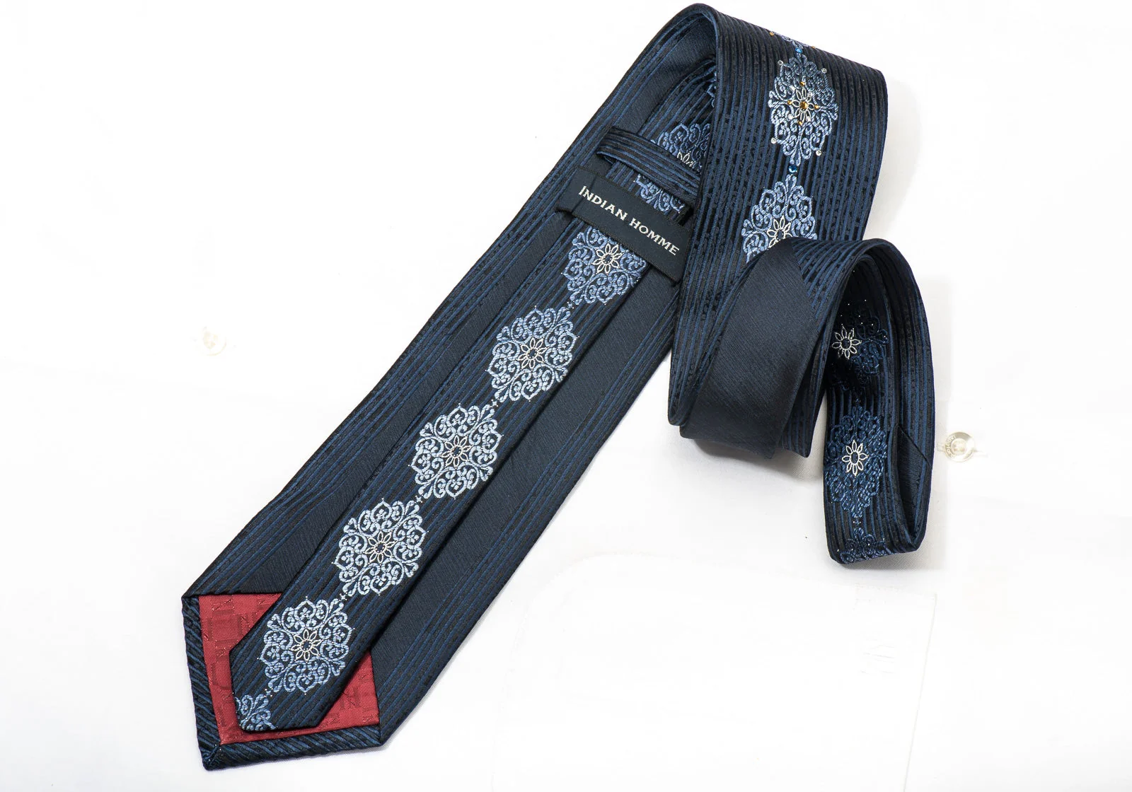Indian Homme Men's Silk Necktie Blue Cartouche & Striped On Black Sparkling With Rhinestones - Image 5