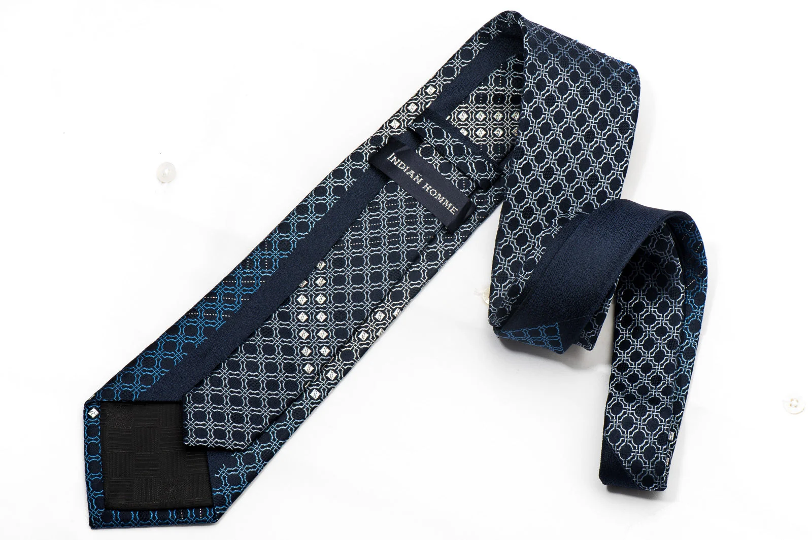 Indian Homme Men's Silk Necktie Silver Cartouche On Blue Sparkling With Rhinestones - Image 4