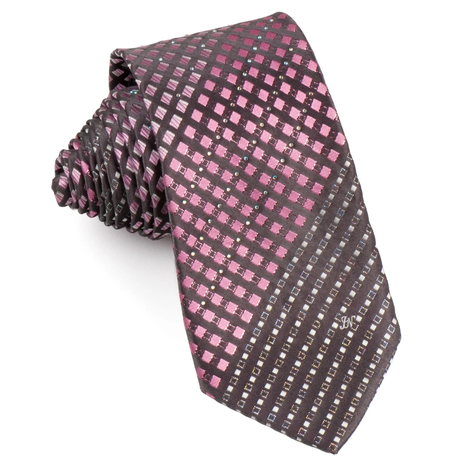 Indian Homme Men's Silk Rhinestone Neck Tie Pink Checks On Gray With Silver Sparkles