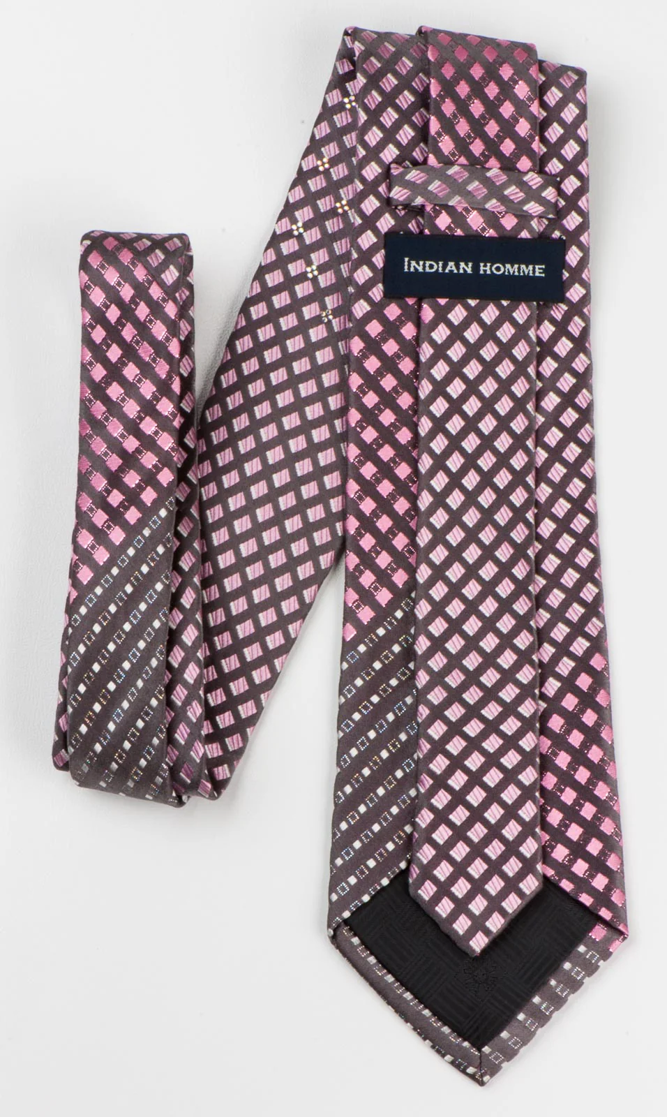 Indian Homme Men's Silk Rhinestone Neck Tie Pink Checks On Gray With Silver Sparkles - Image 3