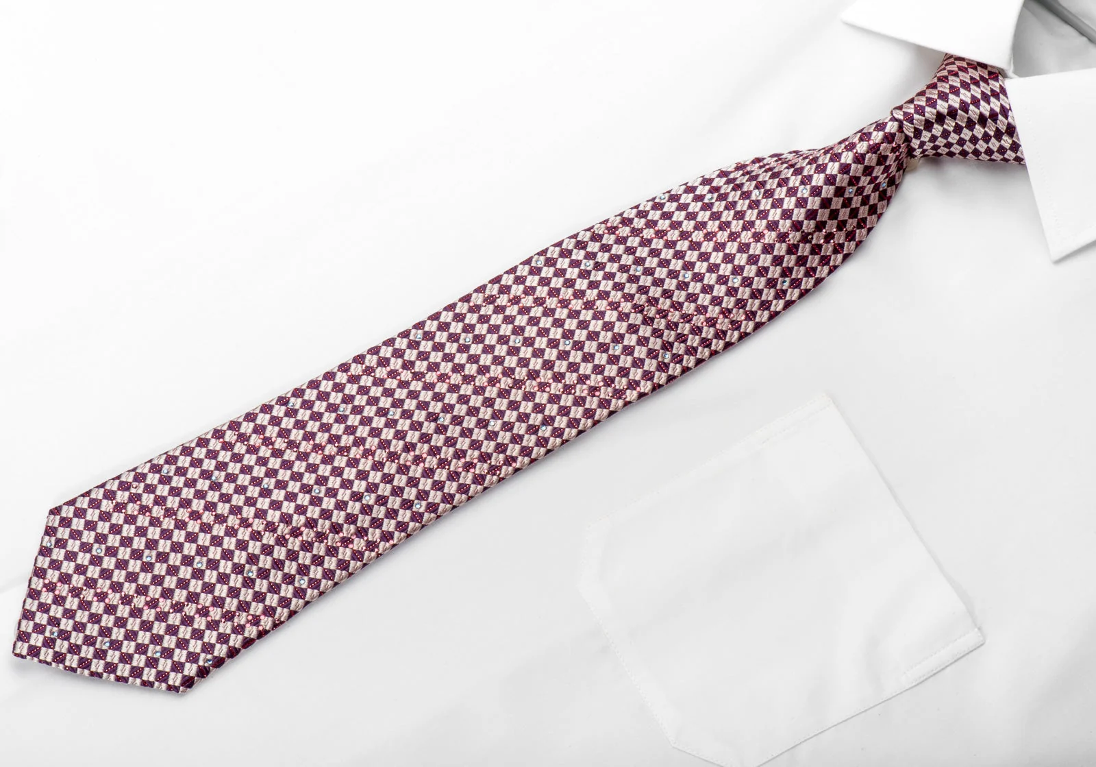 Indian Homme Men's Silk Rhinestone Tie Burgundy Silver Checkered With Silver Sparkles - Image 3