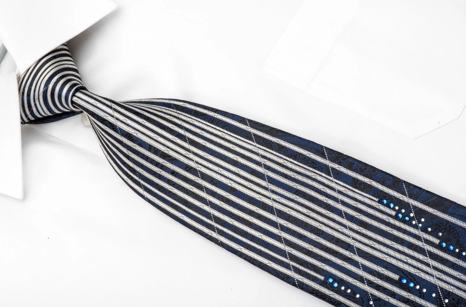 Indian Homme Men's Silk Tie Silver Vertical Striped & Black Paisley On Navy Sparkling With Rhinestones - Image 3