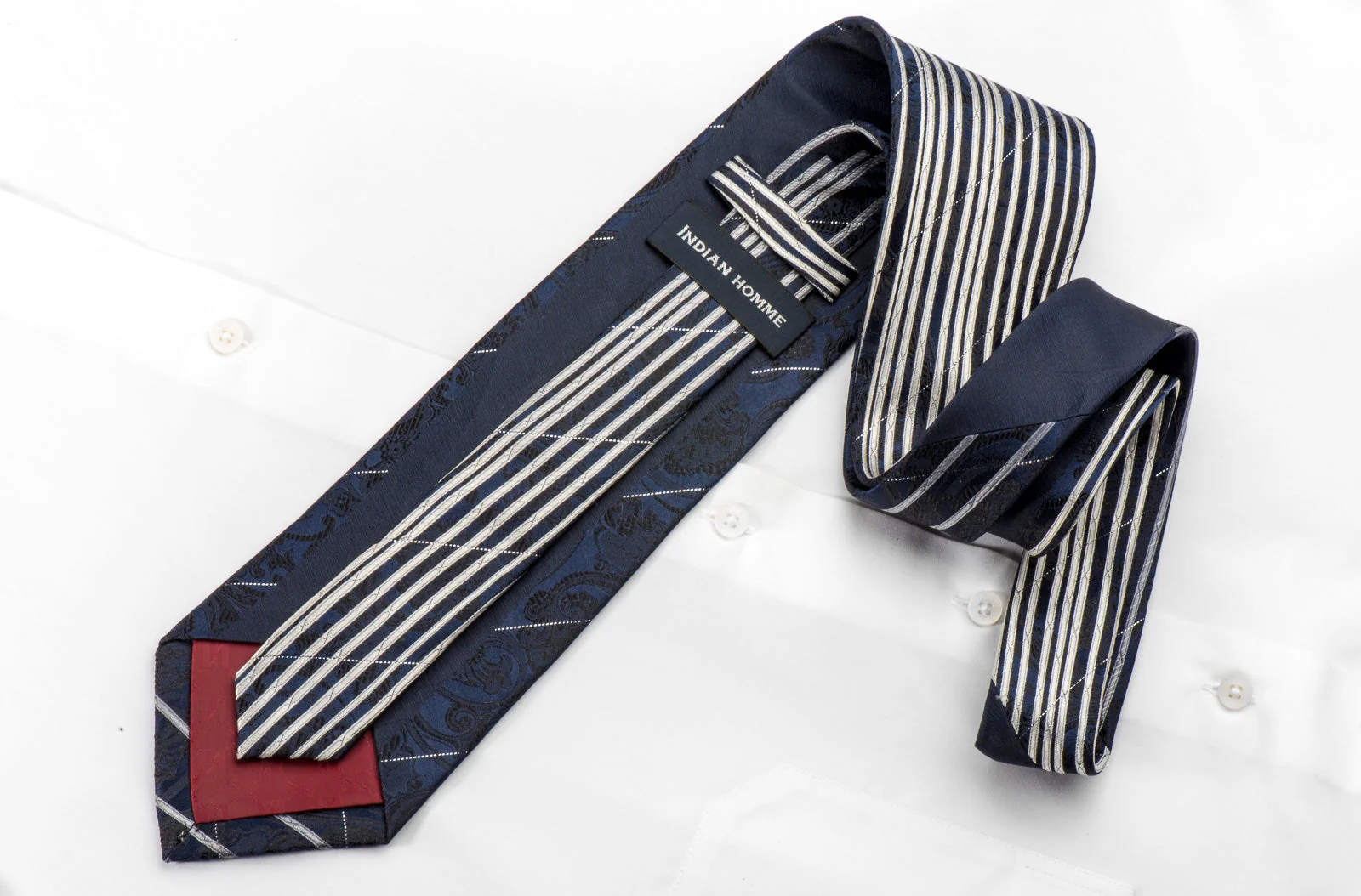 Indian Homme Men's Silk Tie Silver Vertical Striped & Black Paisley On Navy Sparkling With Rhinestones - Image 4