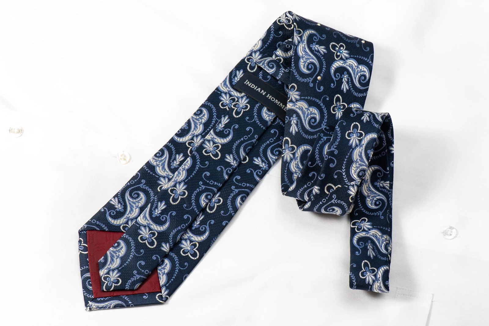 Floral Paisley On Blue Mens Silk Necktie Sparkling With Rhinestones - Image 4