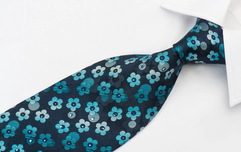 Indian Homme Rhinestone Necktie Floral On Blue Woven Silk - Image 3