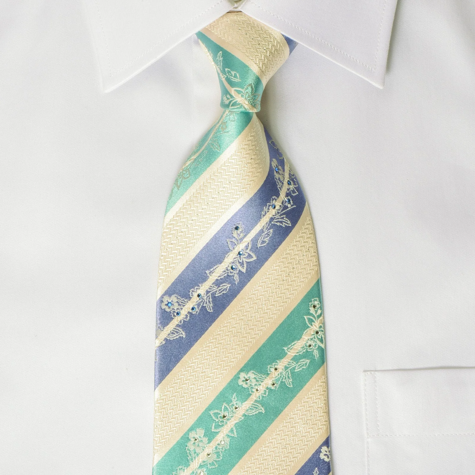 Indian Homme Rhinestone Necktie Turquoise Striped On Cream With Silver Sparkles - Image 2