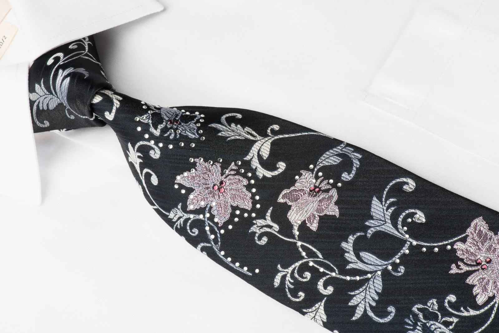 Indian Homme Rhinestone Silk Necktie Floral On Navy With Purple Sparkles - Image 4