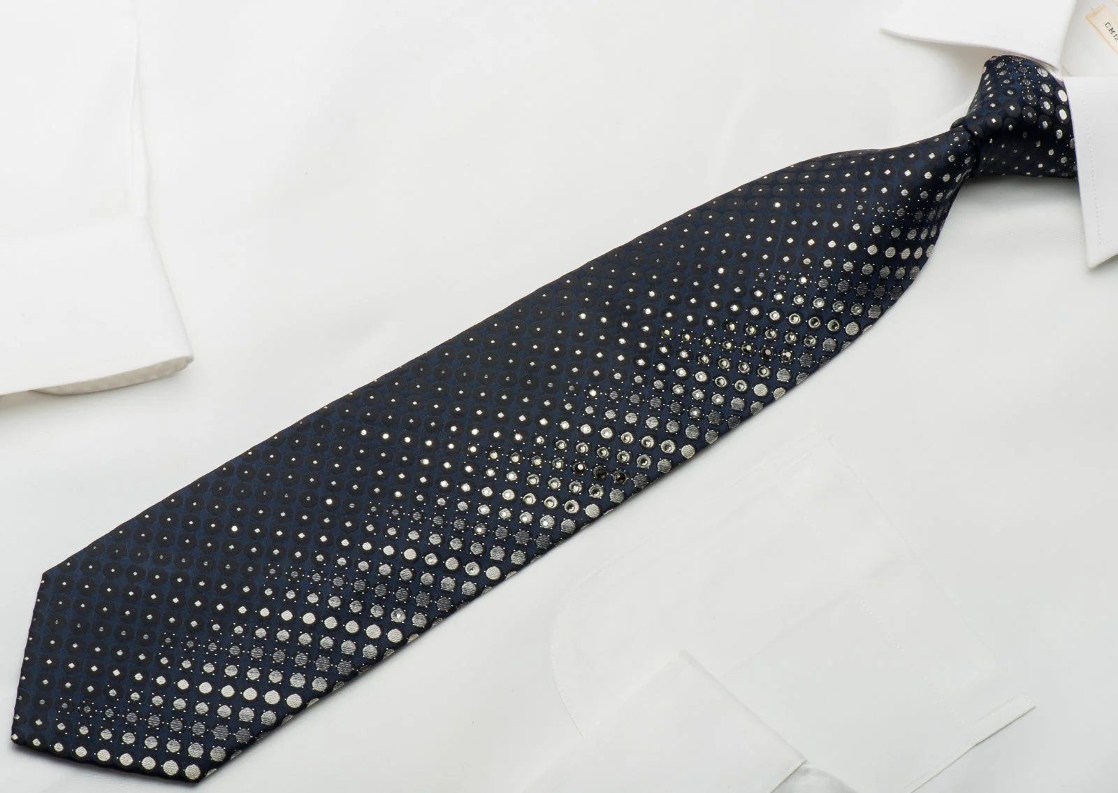 Indian Homme Rhinestone Silk Necktie Geometric Circles On Navy With Silver Sparkles - Image 3