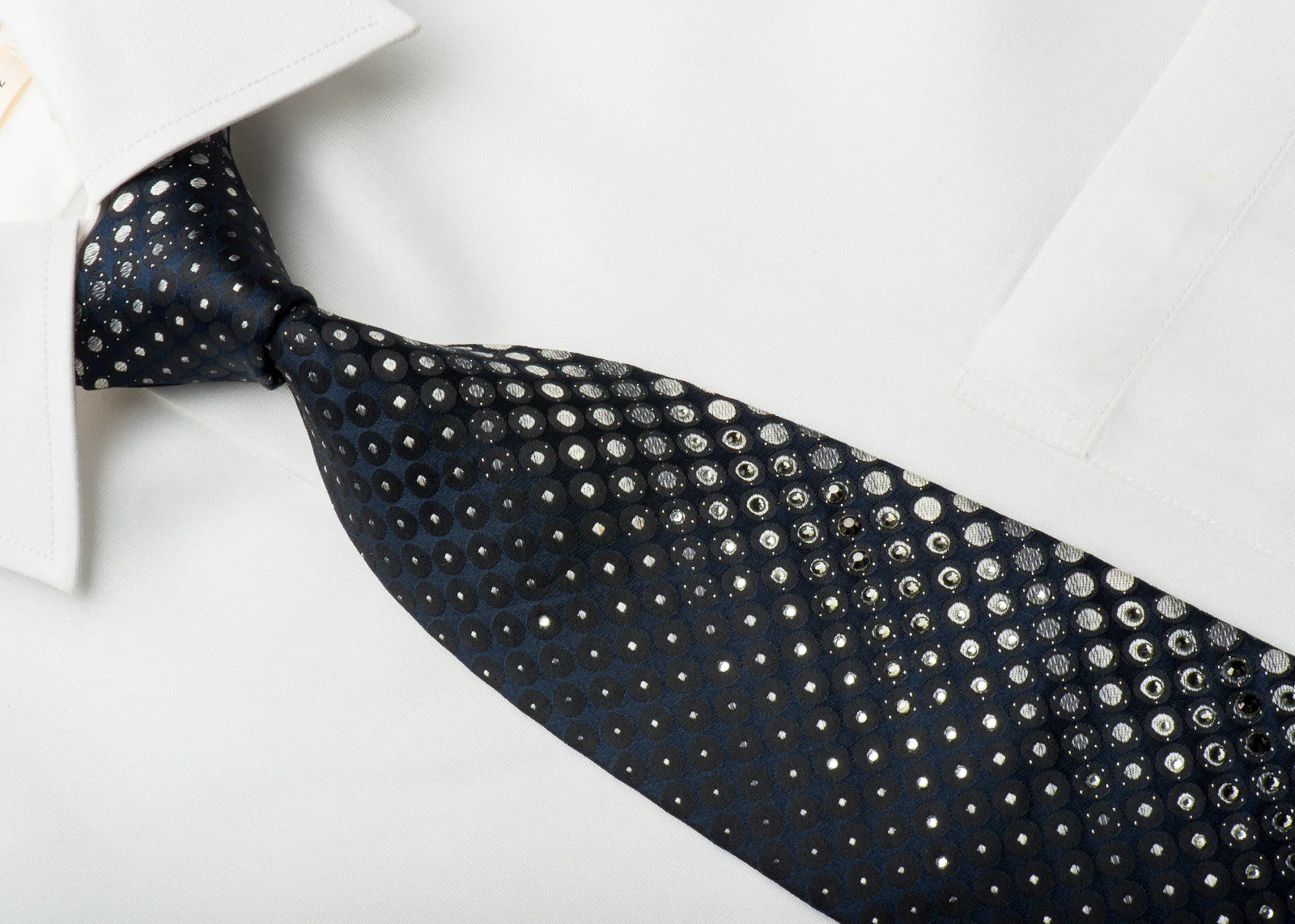 Indian Homme Rhinestone Silk Necktie Geometric Circles On Navy With Silver Sparkles - Image 4